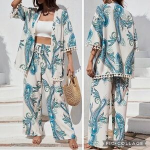 New 2 Piece Set Paisley Tassel Short Sleeve Open Front Cardigan Wide Leg Pants